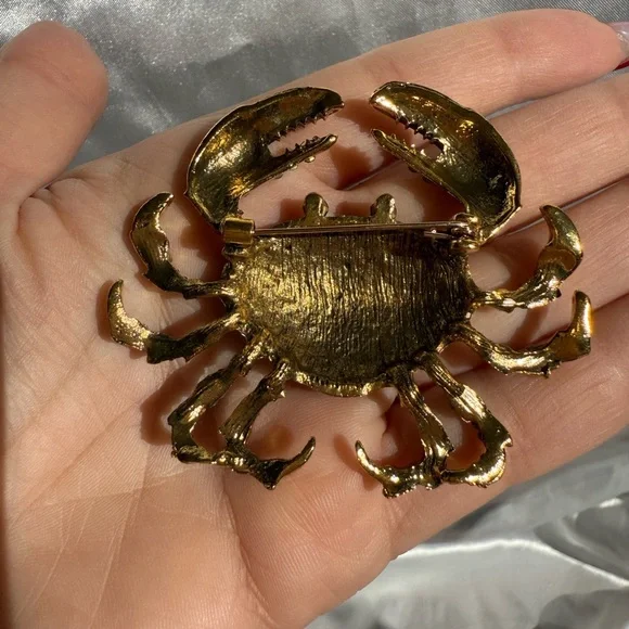 Vintage Blue Crystal Crab Brooch Pin – Ocean Inspired , Retro Animal Lapel Pin - Picture 4 of 8
